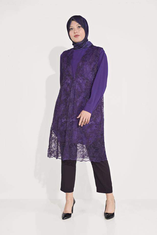 Vêtements hijab POURPRE TUNIQUE GUIPURÉE ARGENTÉE 2 PIÈCES 20050 - TRENDTESETTÜR