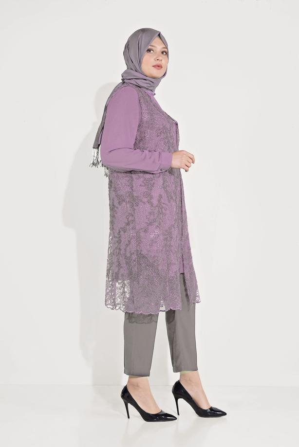 Vêtements hijab POURPRE TUNIQUE GUIPURÉE ARGENTÉE 2 PIÈCES 20050 - TRENDTESETTÜR