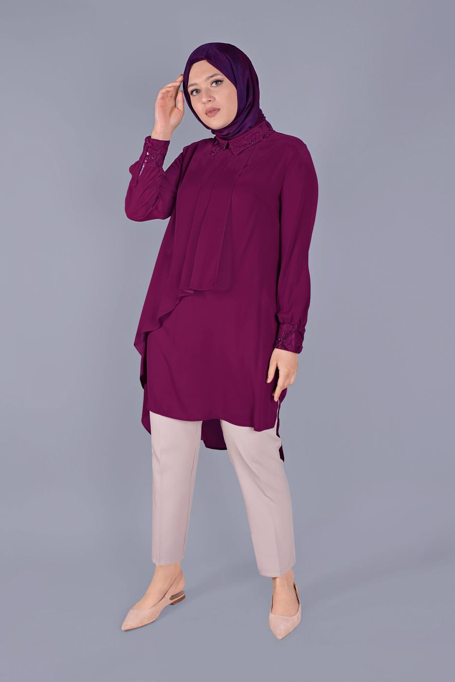 Vêtements hijab PRUNE ALVİNA TUNIQUE BRODÉE À VOLANTS 20054