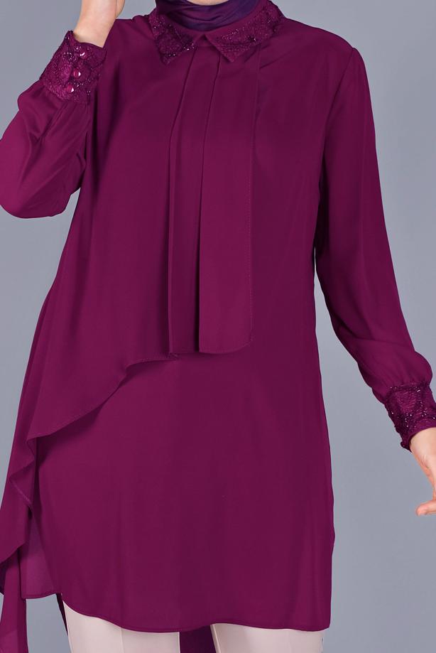 Vêtements hijab PRUNE ALVİNA TUNIQUE BRODÉE À VOLANTS 20054 - TRENDTESETTÜR