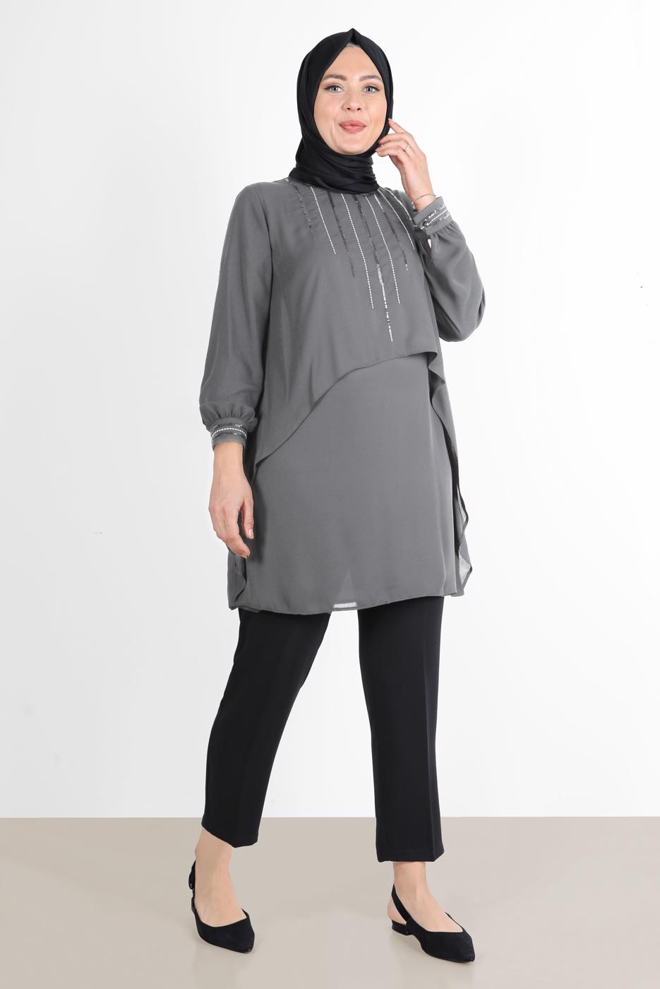 Tesettür giyim GRİ ALVİNA TAŞ DETAYLI TUNİK 20065