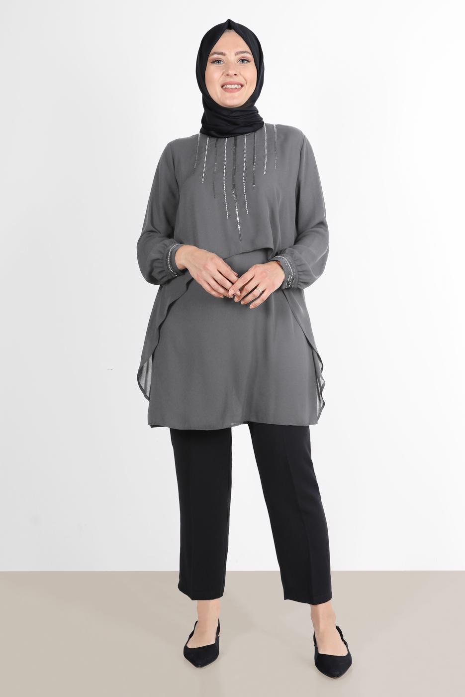 Tesettür giyim GRİ ALVİNA TAŞ DETAYLI TUNİK 20065
