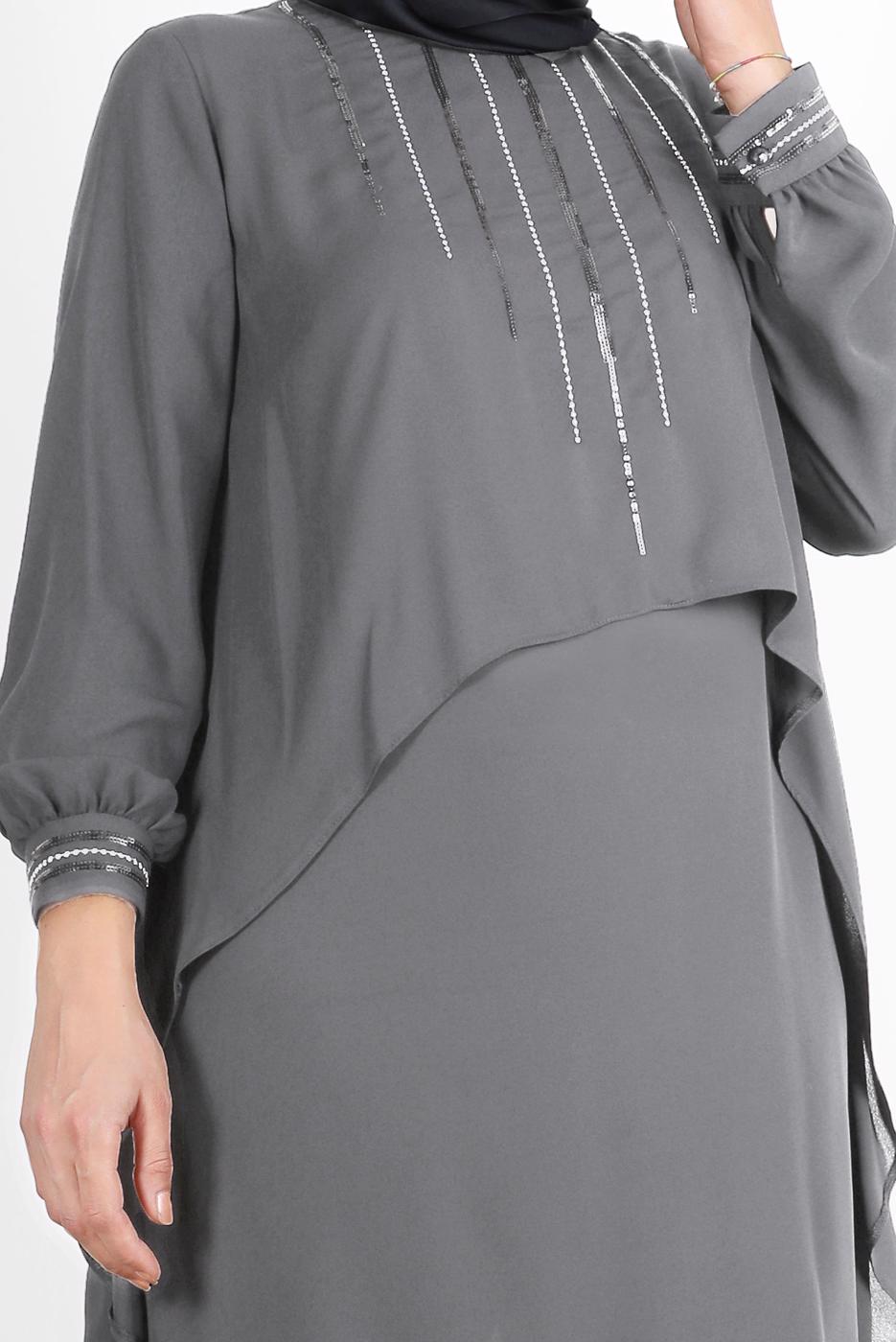 Tesettür giyim GRİ ALVİNA TAŞ DETAYLI TUNİK 20065