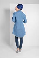 Tesettür giyim MAVİ ETEK UCU PÜSKÜLLÜ TAŞ BASKILI DENİM TUNİK 2025