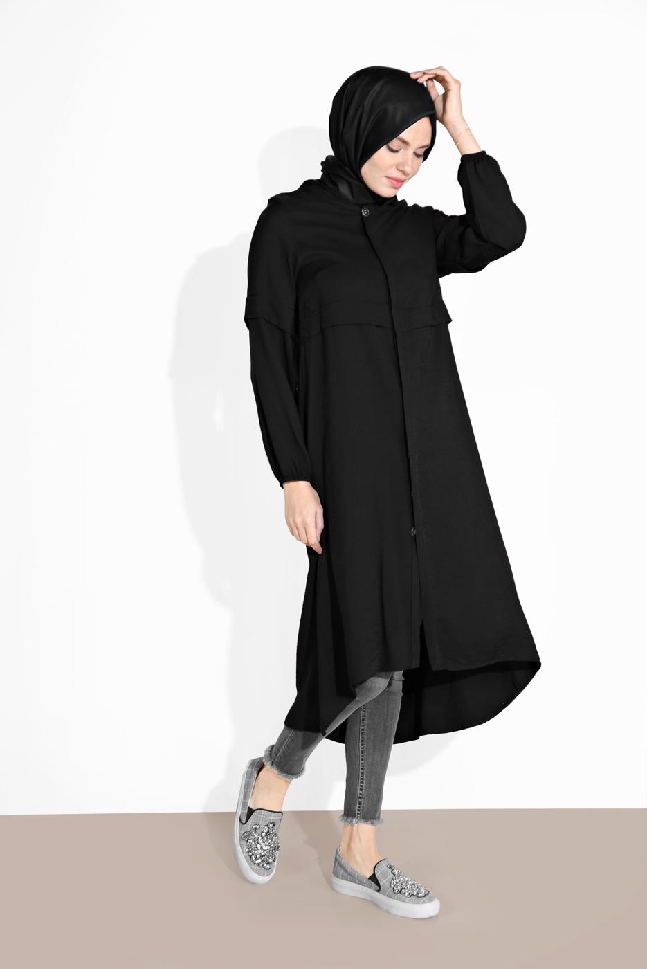 Vêtements hijab NOIR TUNIQUE BOUTONÉE À CAPUCHE 2304