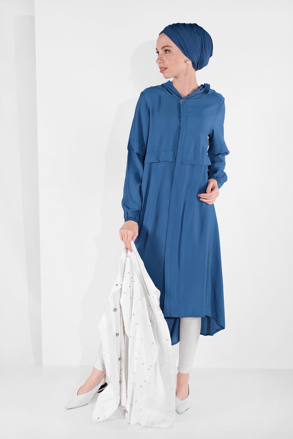 Hijab clothing NAVY BLUE BUTTON TRIMMED HOODED TUNIC 2304