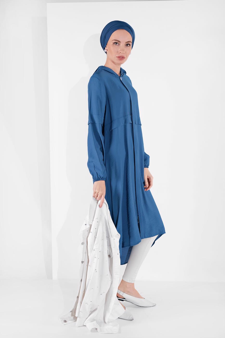 Hijab clothing NAVY BLUE BUTTON TRIMMED HOODED TUNIC 2304