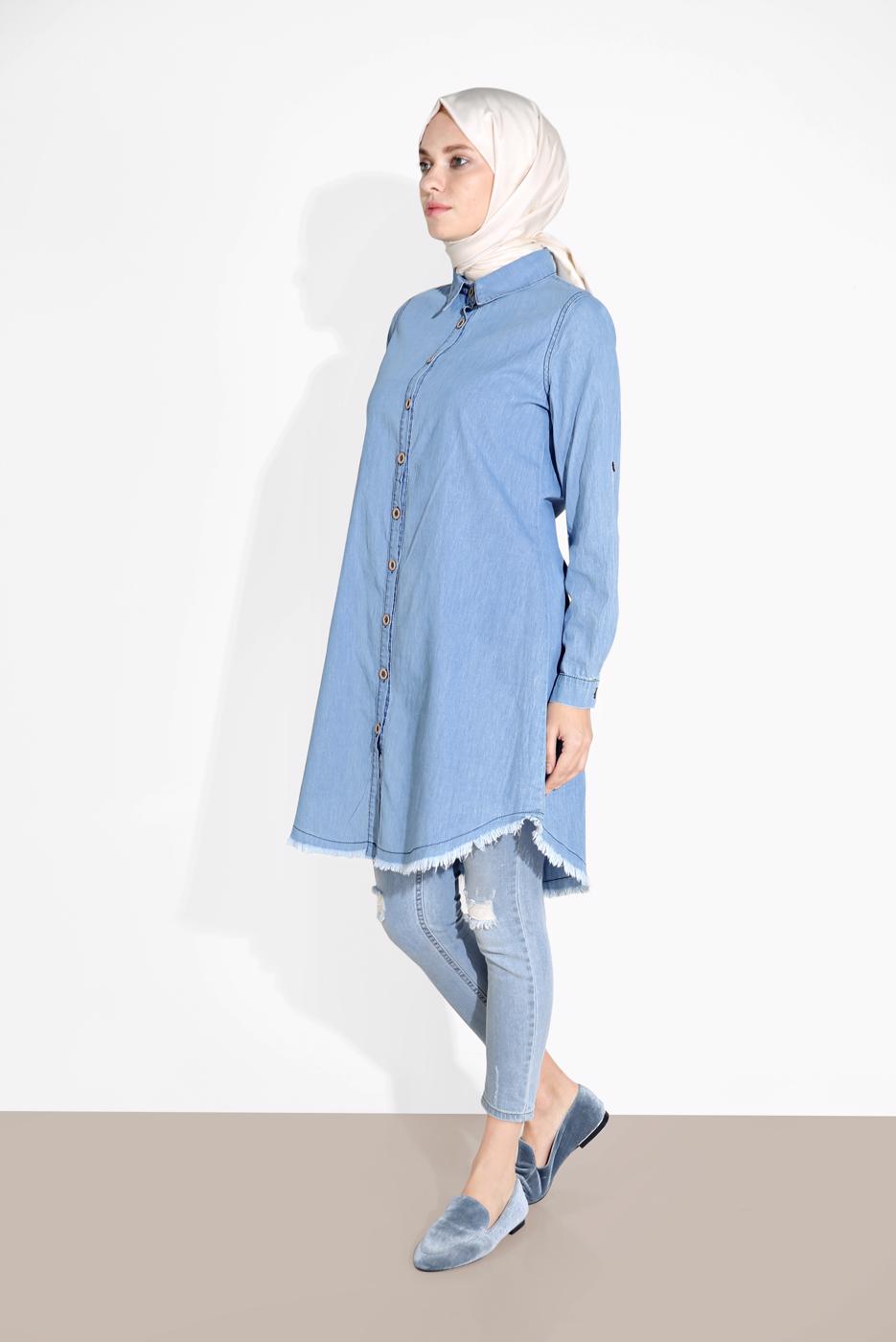 Tesettür giyim MAVİ DÜĞMELİ DENİM TUNİK 2765