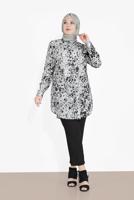 Tesettür giyim SİYAH ALVİNA BOYDAN DÜĞMELİ DESENLİ TUNİK 2857 