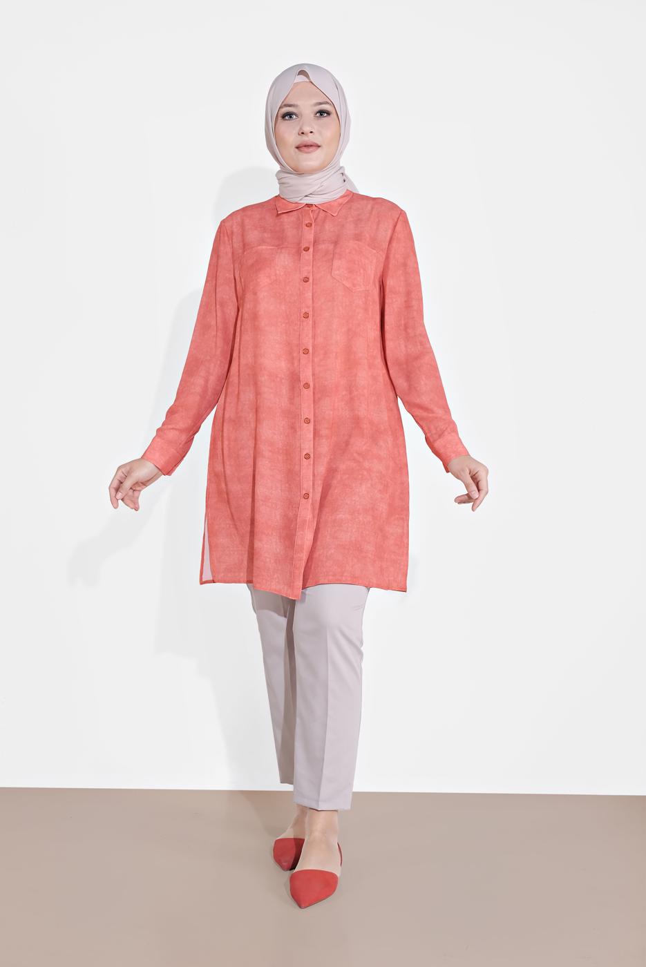 Tesettür giyim KAHVE BOYDAN DÜĞMELİ DESENLİ TUNİK 2870