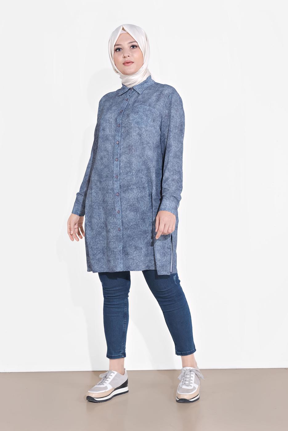 Vêtements hijab BLEU MARINE TUNIQUE À BOUTONS À MOTIFS 2870