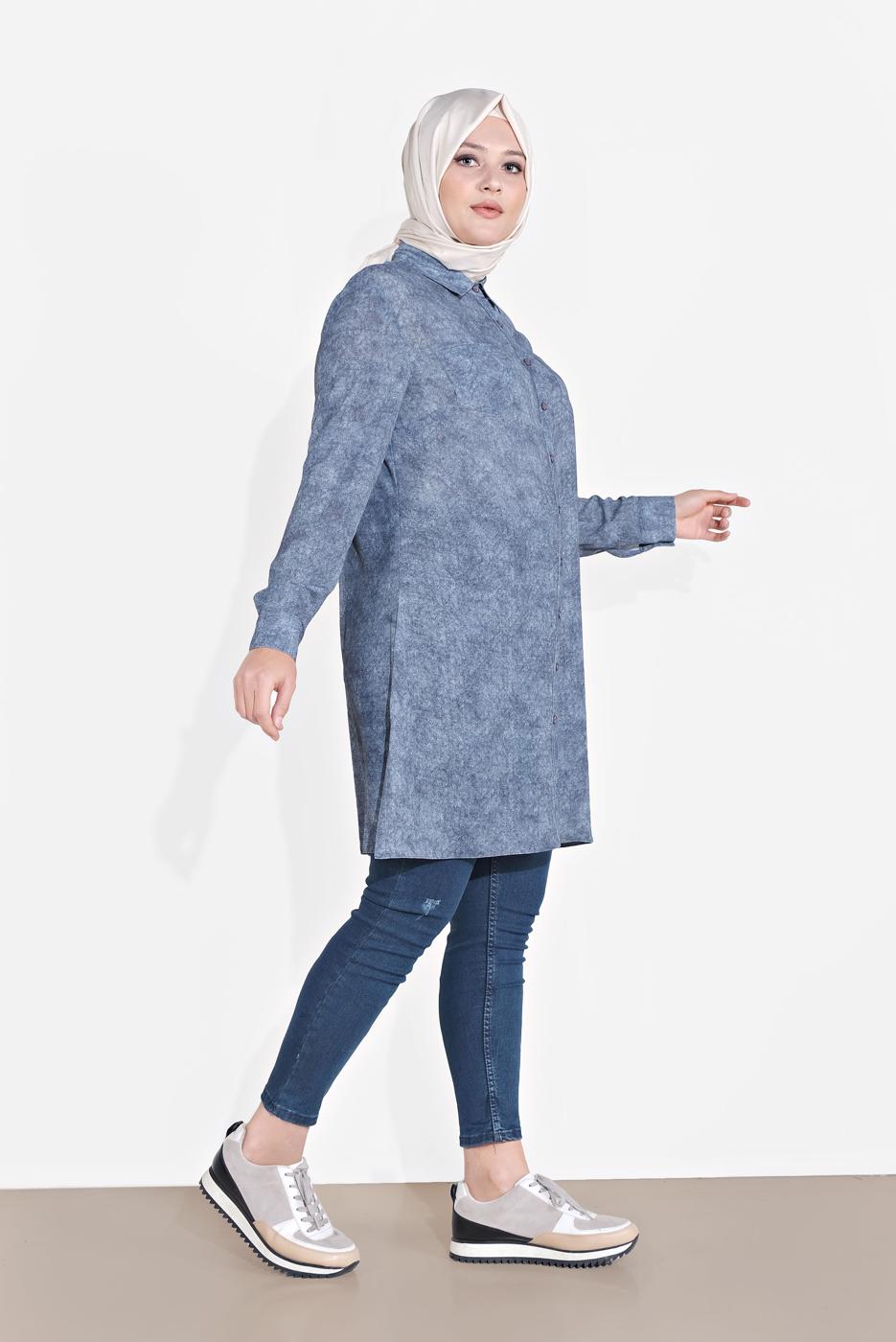 Vêtements hijab BLEU MARINE TUNIQUE À BOUTONS À MOTIFS 2870