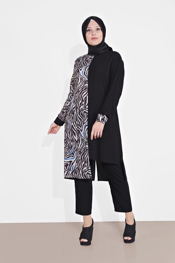 Vêtements hijab BLEU MARINE ALVINA TUNIQUE IMPRIMÉE 2874 - TRENDTESETTÜR