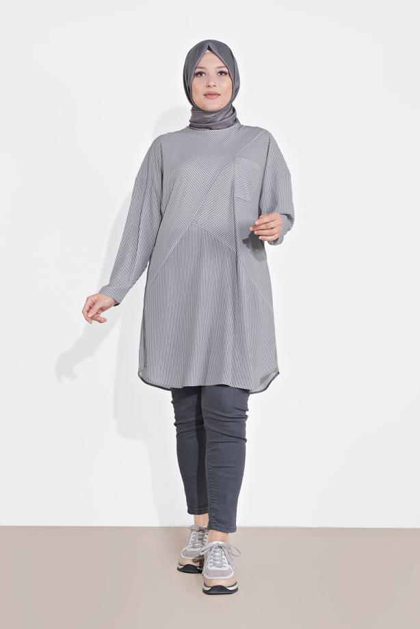 Vêtements hijab GRIS TUNIQUE RAYÉE 2876 - TRENDTESETTÜR