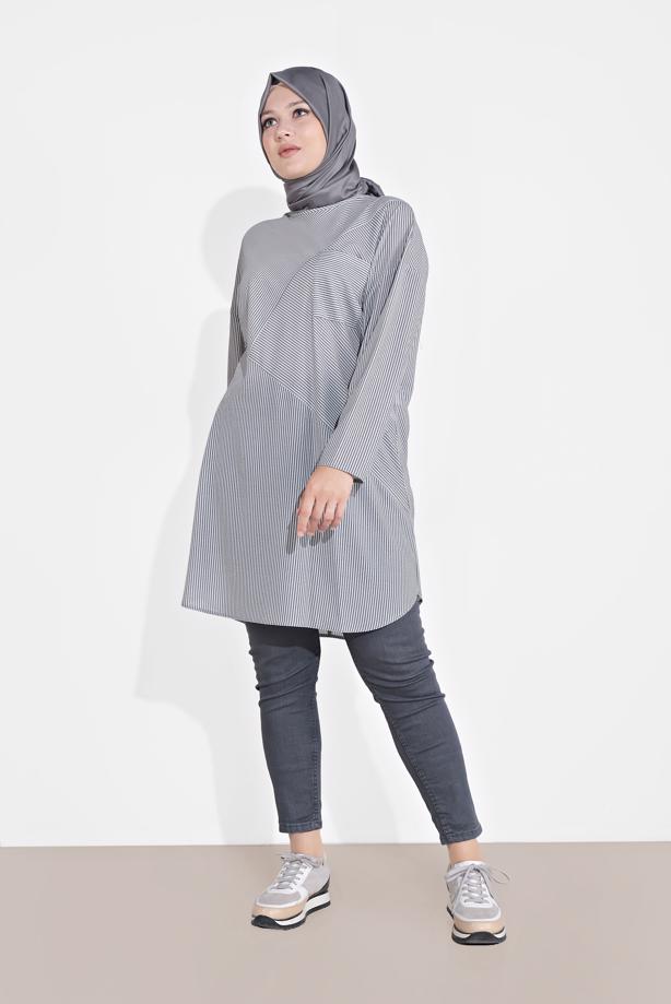 Vêtements hijab GRIS TUNIQUE RAYÉE 2876 - TRENDTESETTÜR