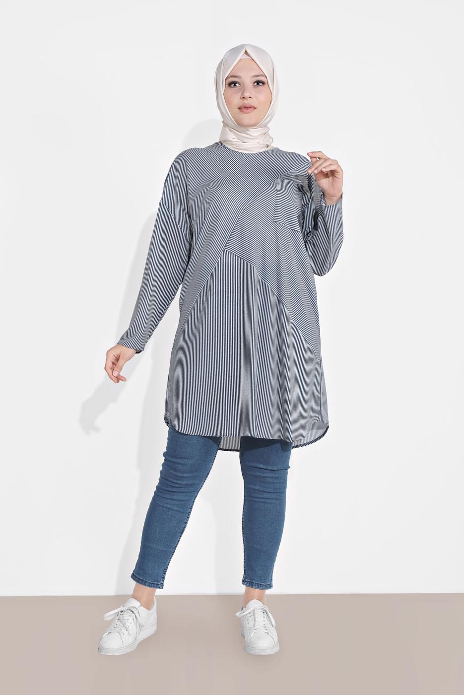 Tesettür giyim LACİVERT ÇİZGİLİ TUNİK 2876