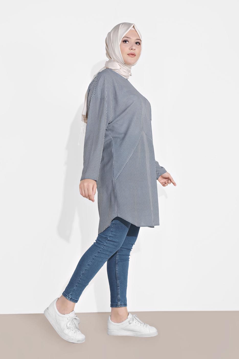 Tesettür giyim LACİVERT ÇİZGİLİ TUNİK 2876