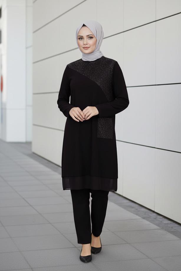 Vêtements hijab NOIR ALVINA TUNIQUE EN BRILLANTE T 2881 - TRENDTESETTÜR