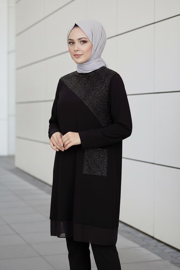 Vêtements hijab NOIR ALVINA TUNIQUE EN BRILLANTE T 2881 - TRENDTESETTÜR