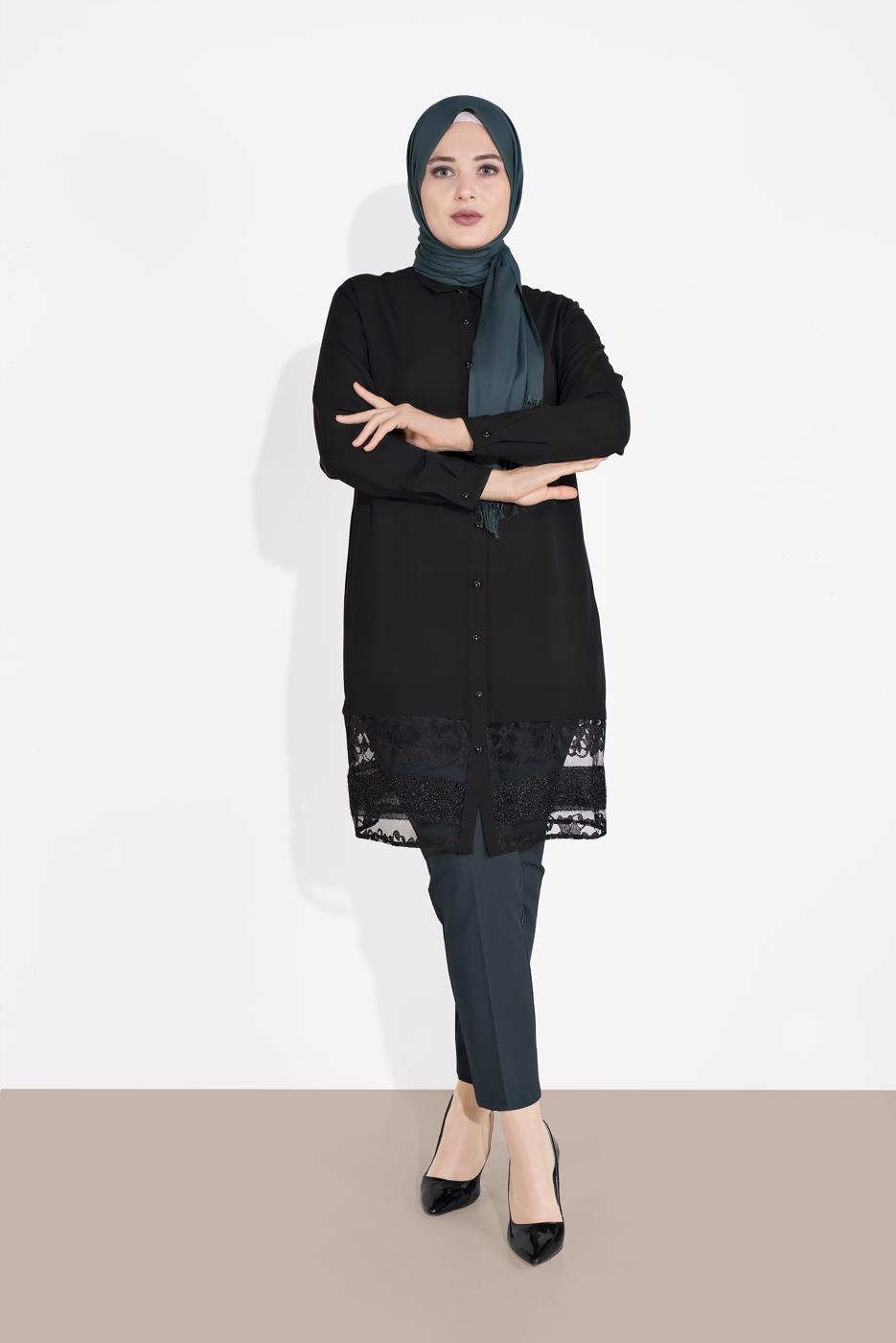 Hijab clothing BLACK ALVINA LACE-HEM TUNIC 2888 