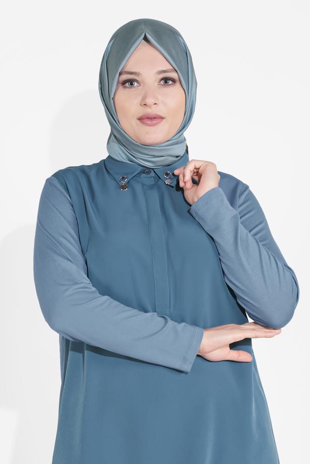 Vêtements hijab BLEU MARINE ALVINA TUNIQUE AVEC BROCHE 2891 - TRENDTESETTÜR