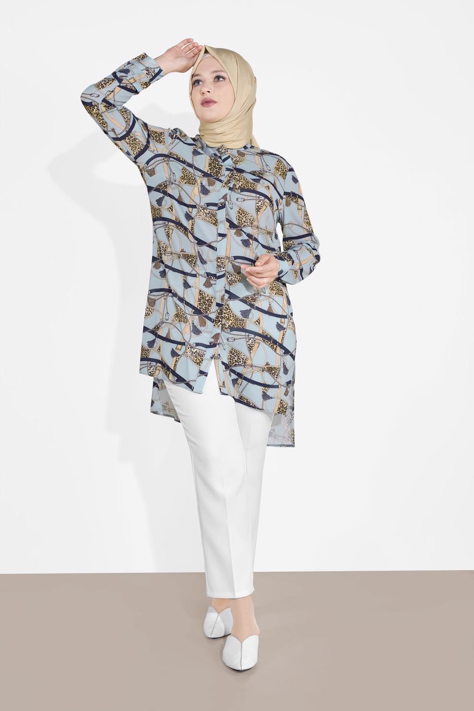 Tesettür giyim MAVİ LEOPAR DESENLİ YIRTMAÇLI TUNİK T 2895