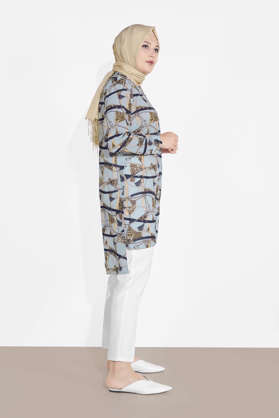 Tesettür giyim MAVİ LEOPAR DESENLİ YIRTMAÇLI TUNİK T 2895