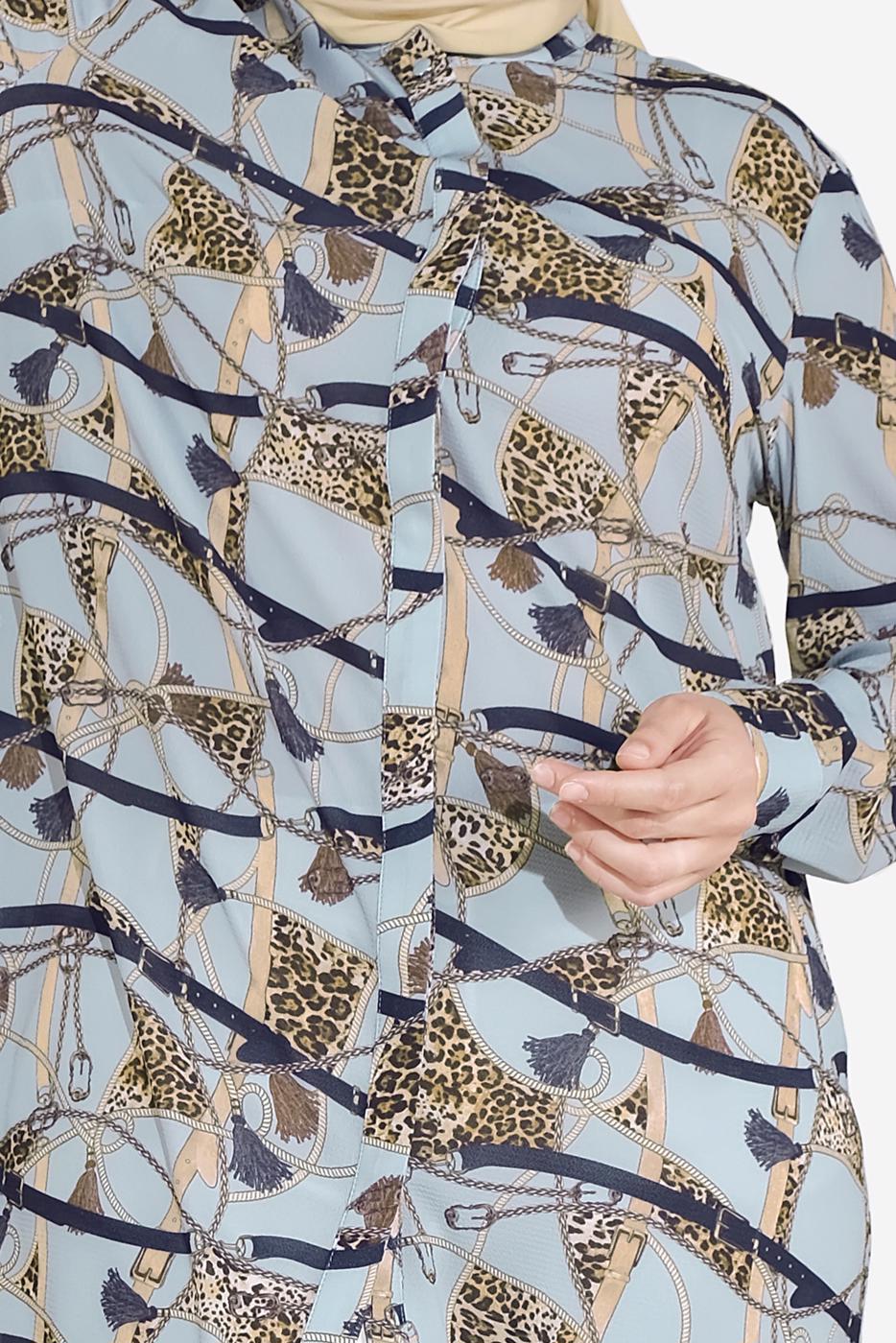 Tesettür giyim MAVİ LEOPAR DESENLİ YIRTMAÇLI TUNİK T 2895