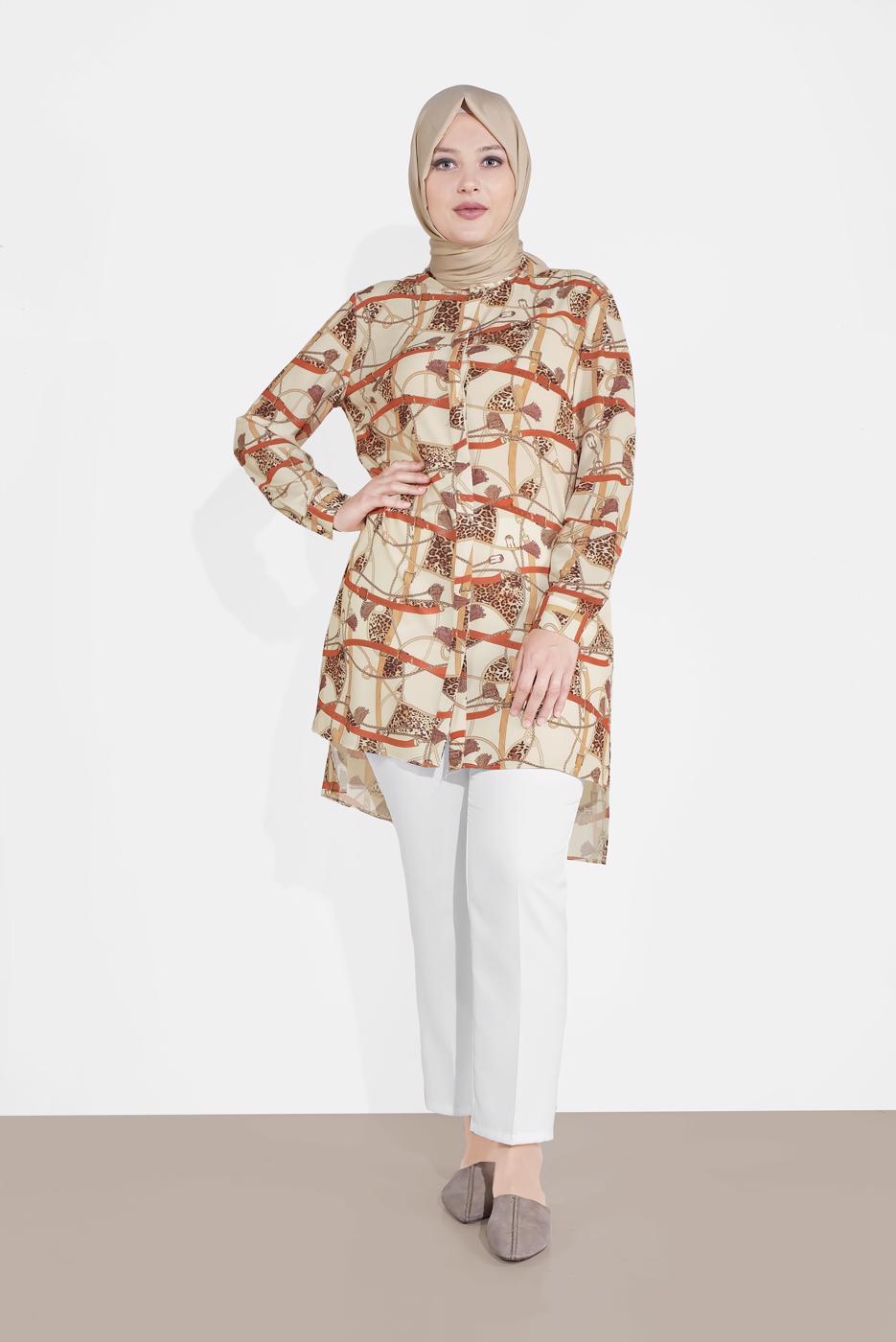Tesettür giyim KREM LEOPAR DESENLİ YIRTMAÇLI TUNİK T 2895