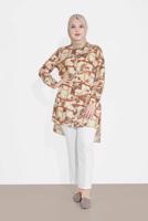 Tesettür giyim KREM LEOPAR DESENLİ YIRTMAÇLI TUNİK T 2895