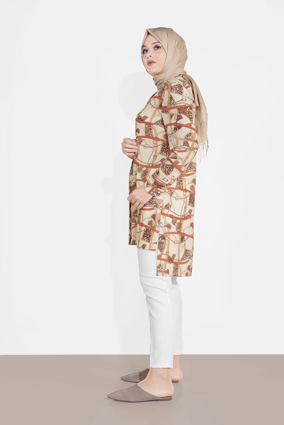 Tesettür giyim KREM LEOPAR DESENLİ YIRTMAÇLI TUNİK T 2895