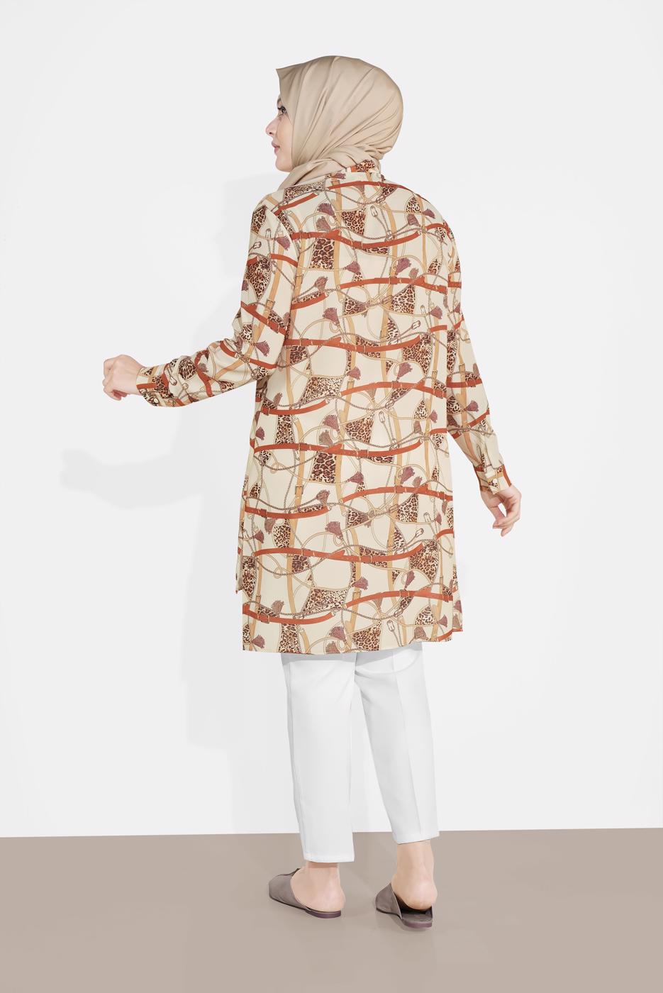 Tesettür giyim KREM LEOPAR DESENLİ YIRTMAÇLI TUNİK T 2895