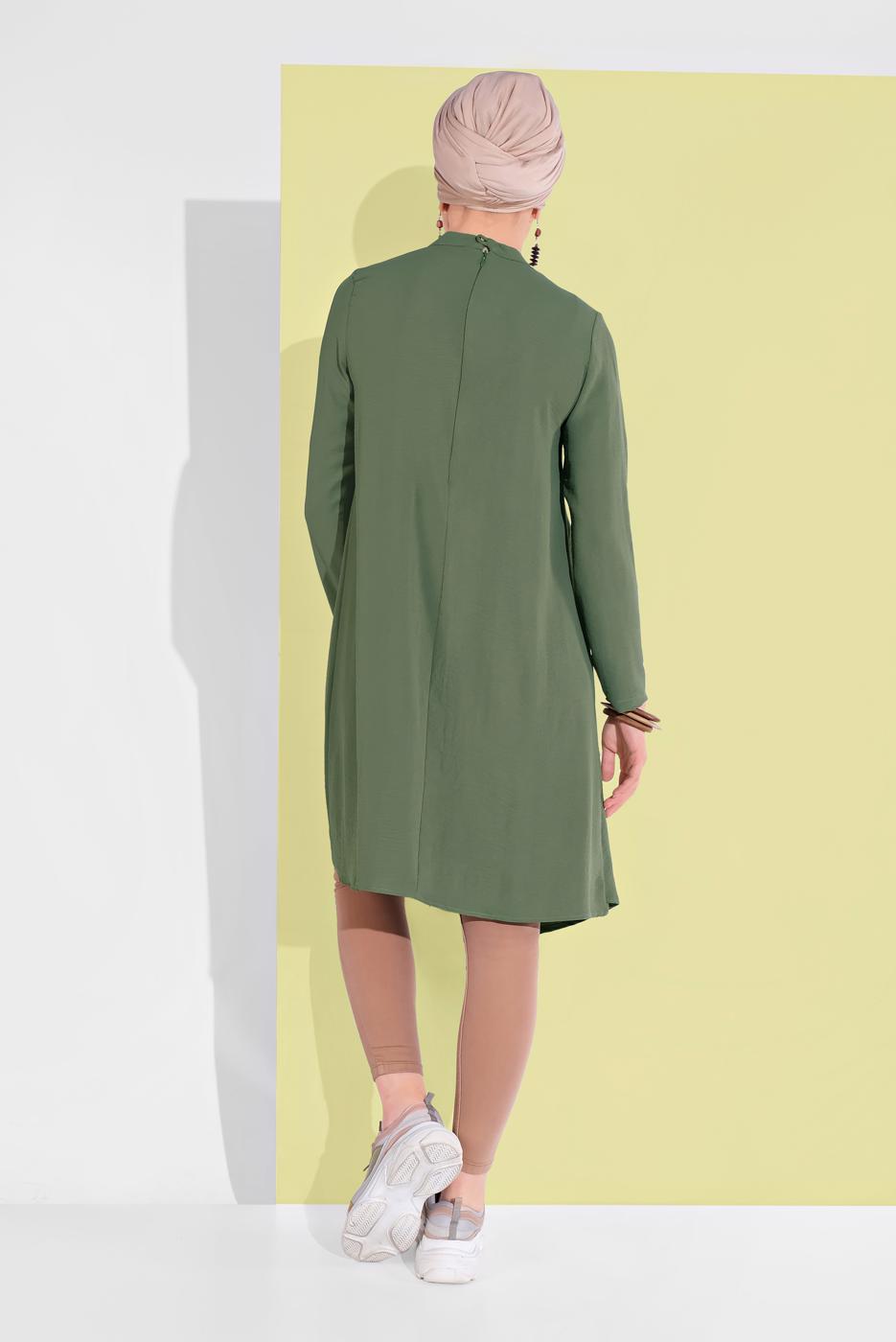 Tesettür giyim HAKİ HAKİM YAKA ASİMETRİK KESİM TUNİK 3065