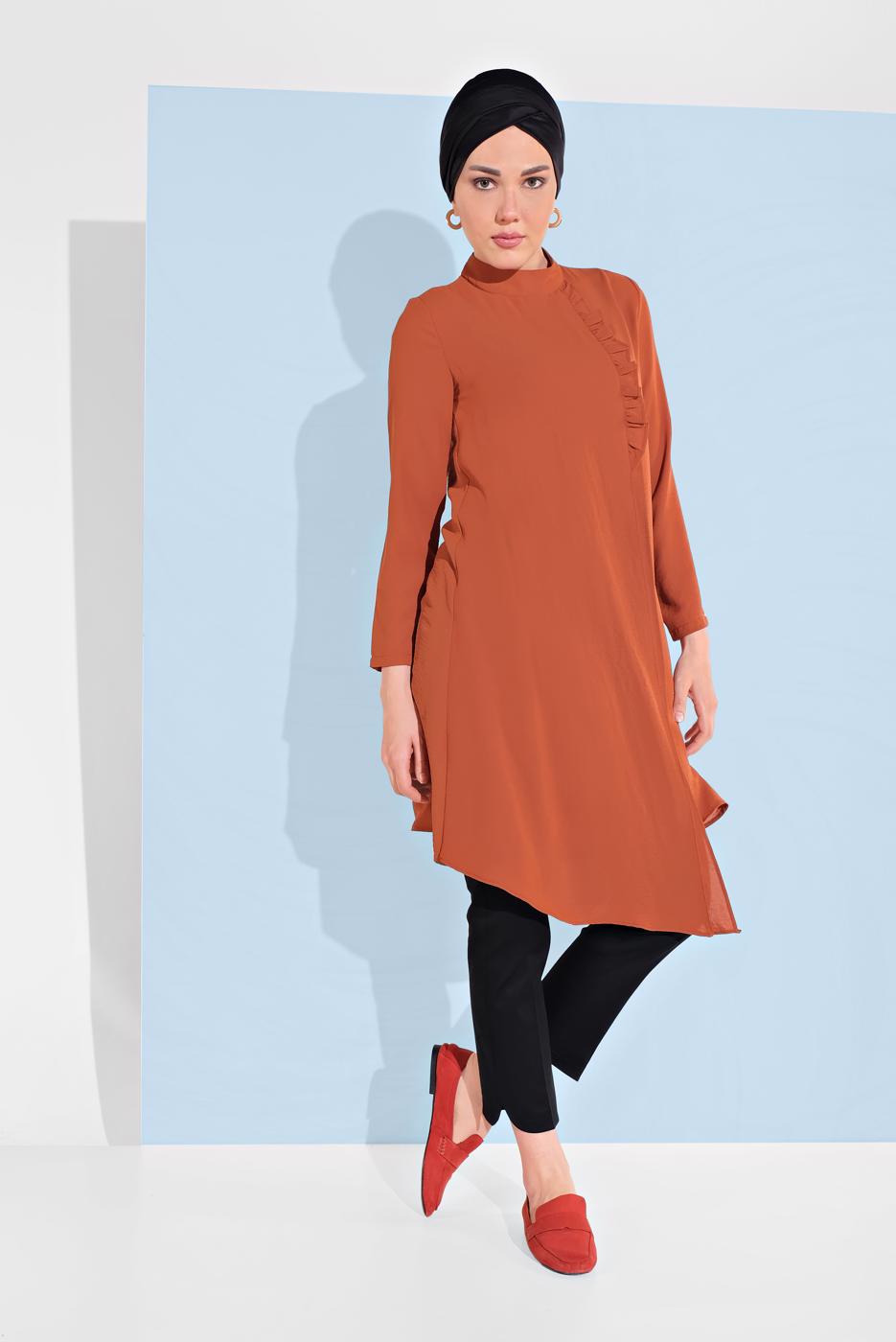 Tesettür giyim KAHVE HAKİM YAKA ASİMETRİK KESİM TUNİK 3065