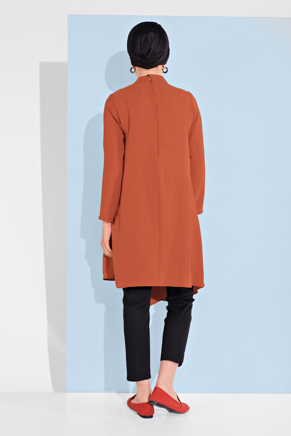 Tesettür giyim KAHVE HAKİM YAKA ASİMETRİK KESİM TUNİK 3065