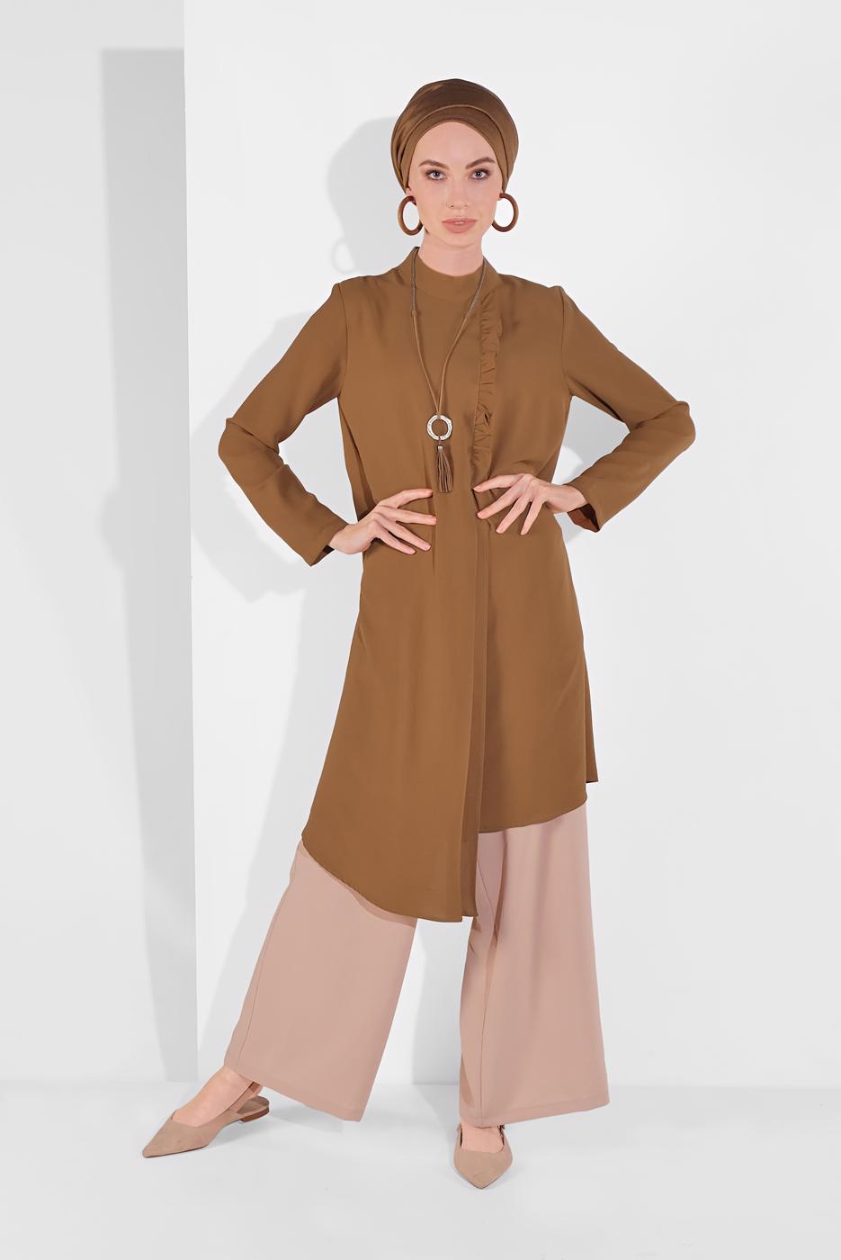 Tesettür giyim TABA HAKİM YAKA ASİMETRİK KESİM TUNİK 3065