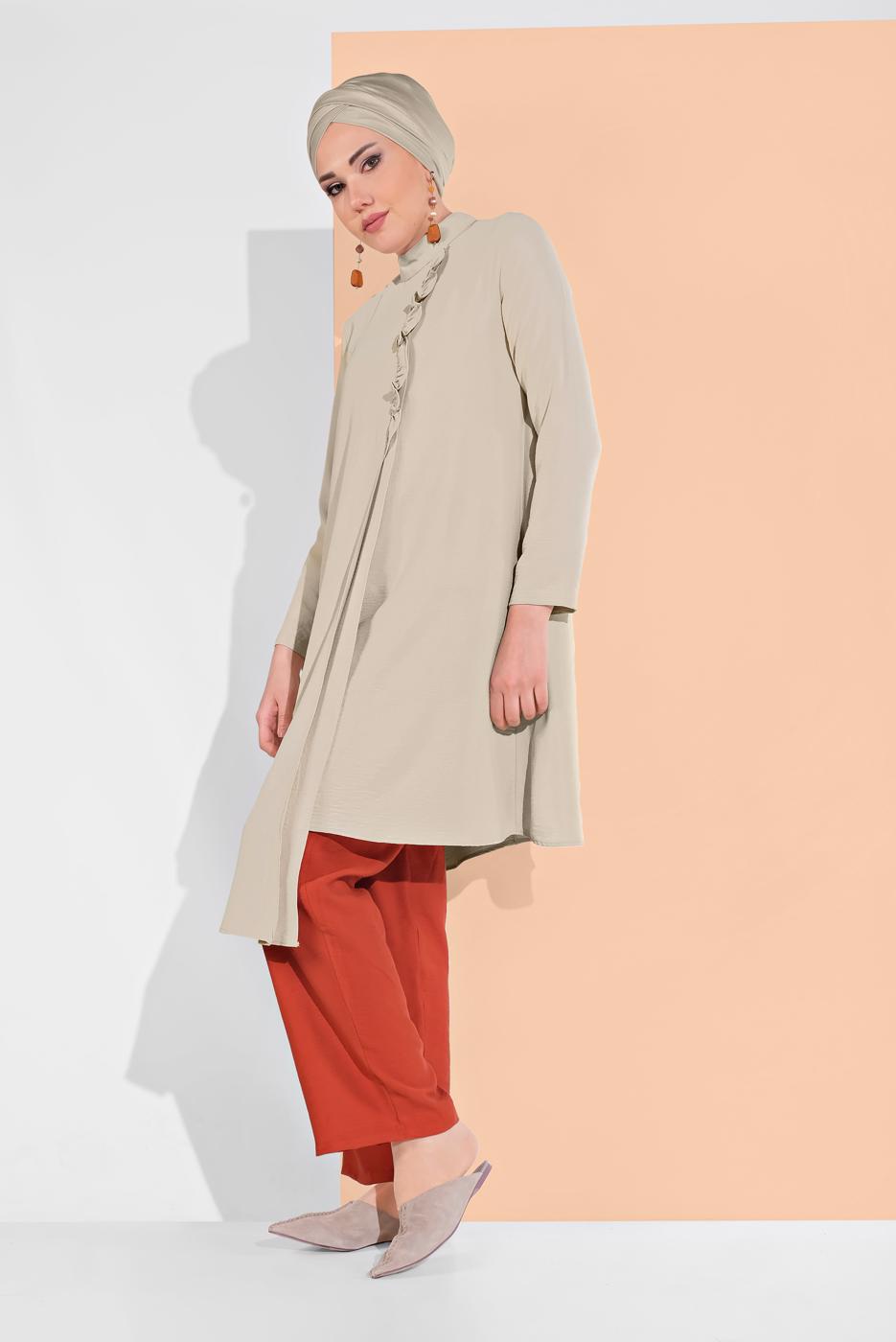 Tesettür giyim BEJ HAKİM YAKA ASİMETRİK KESİM TUNİK 3065