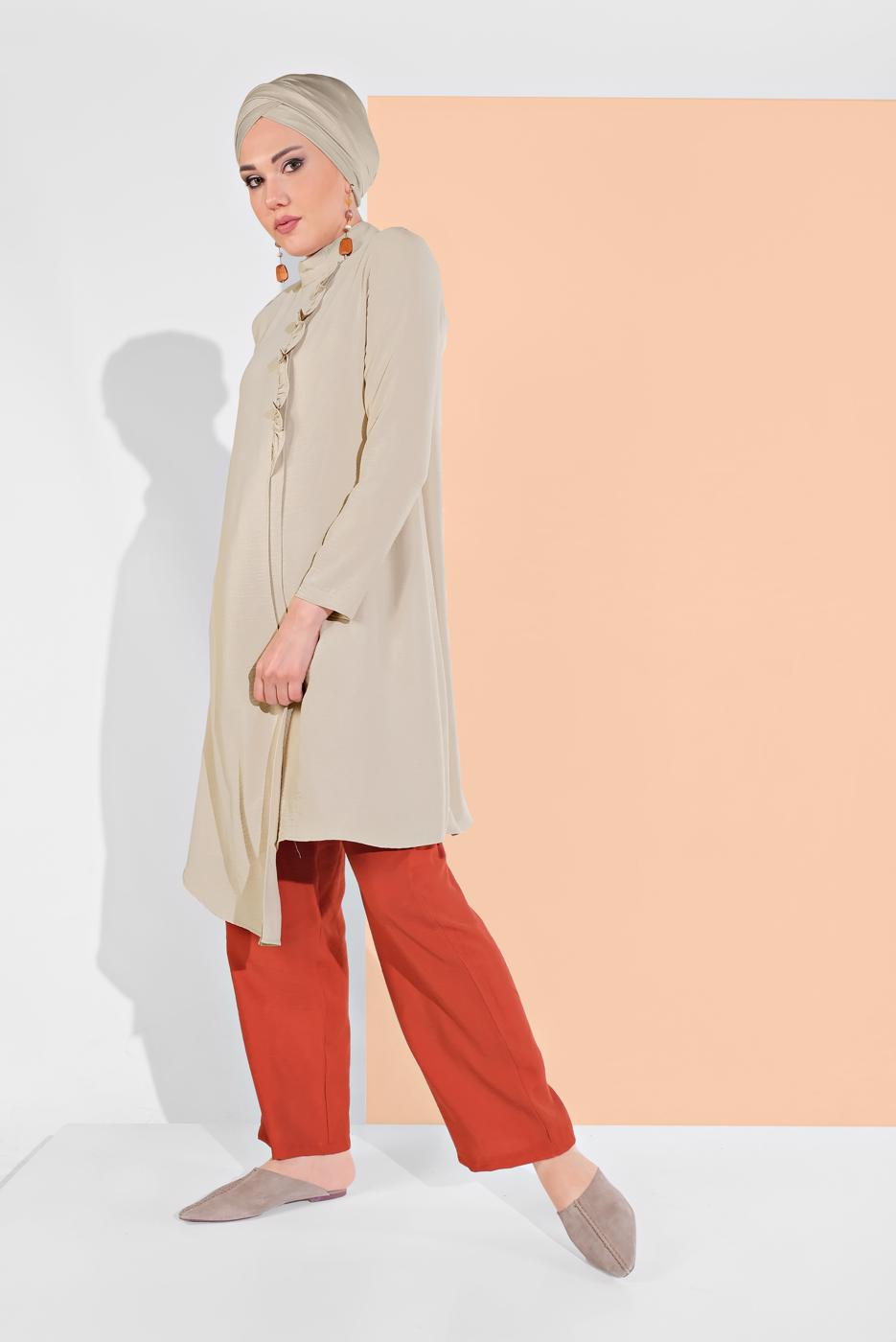 Tesettür giyim BEJ HAKİM YAKA ASİMETRİK KESİM TUNİK 3065