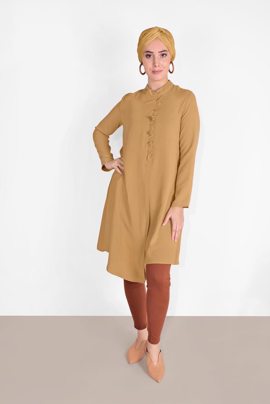 Tesettür giyim TURUNCU HAKİM YAKA ASİMETRİK KESİM TUNİK 3065