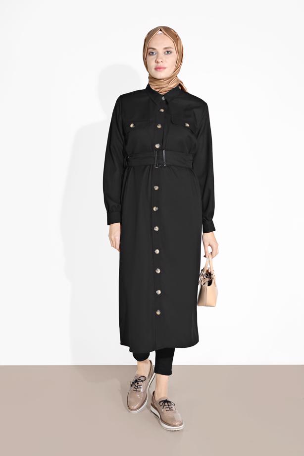 Hijab clothing  BUTTON TRIMMED BELTED TUNIC 3375 - TRENDTESETTÜR