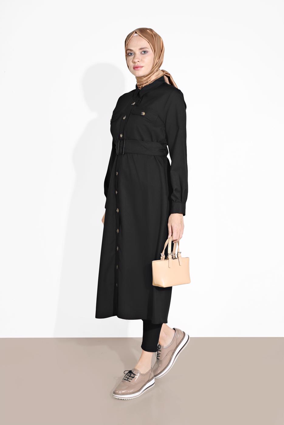 Hijab clothing BLACK BUTTON TRIMMED BELTED TUNIC 3375