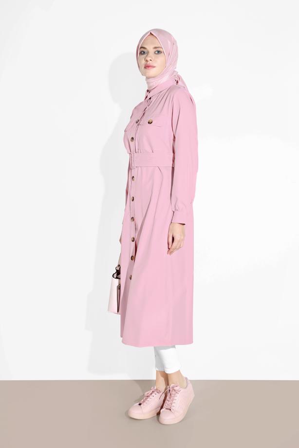 Hijab clothing  BUTTON TRIMMED BELTED TUNIC 3375 - TRENDTESETTÜR