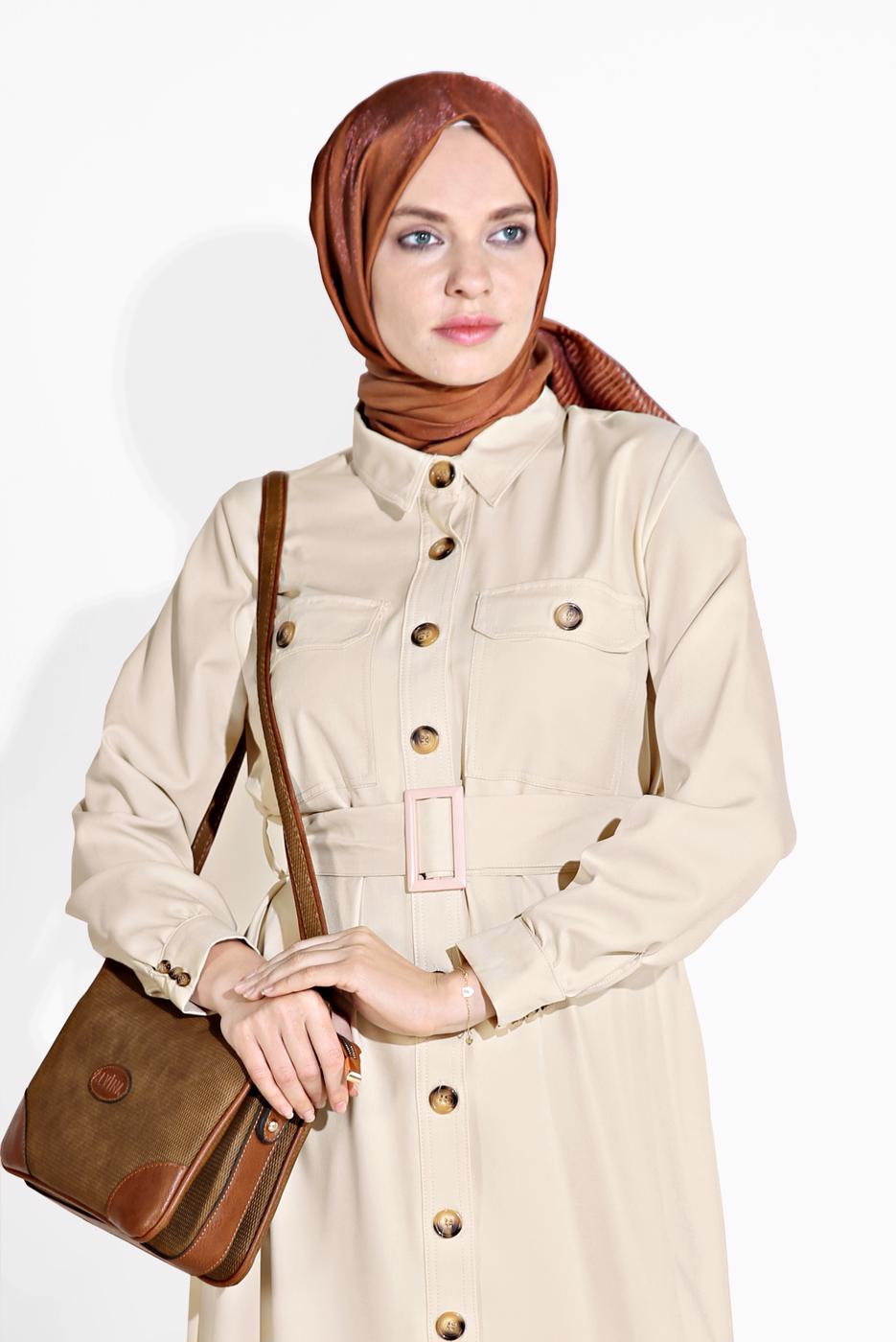 Vêtements hijab BEIGE TUNIQUE À BOUTONNÉE AVEC CEINTURE 3375