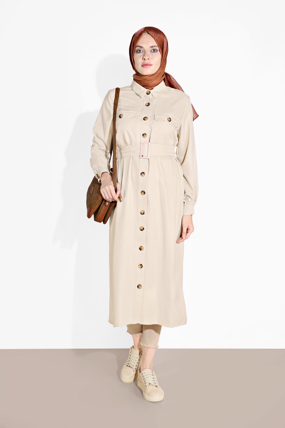 Vêtements hijab BEIGE TUNIQUE À BOUTONNÉE AVEC CEINTURE 3375
