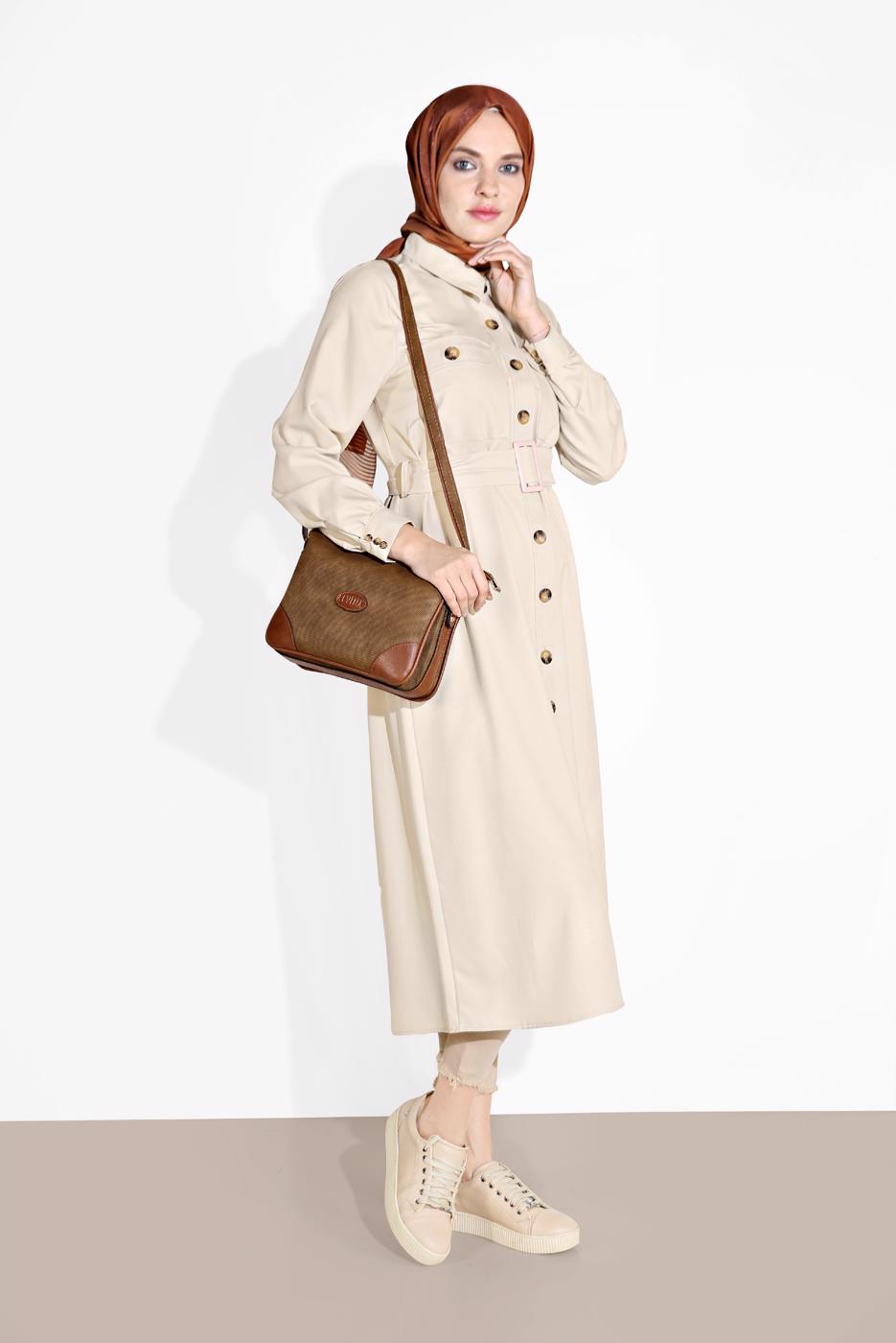 Vêtements hijab BEIGE TUNIQUE À BOUTONNÉE AVEC CEINTURE 3375