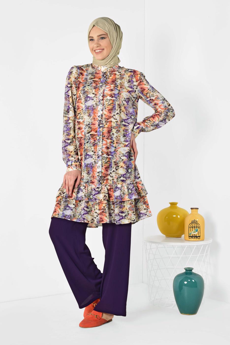 Tesettür giyim MOR ALVİNA RENKLİ DESENLİ TUNİK 4031 