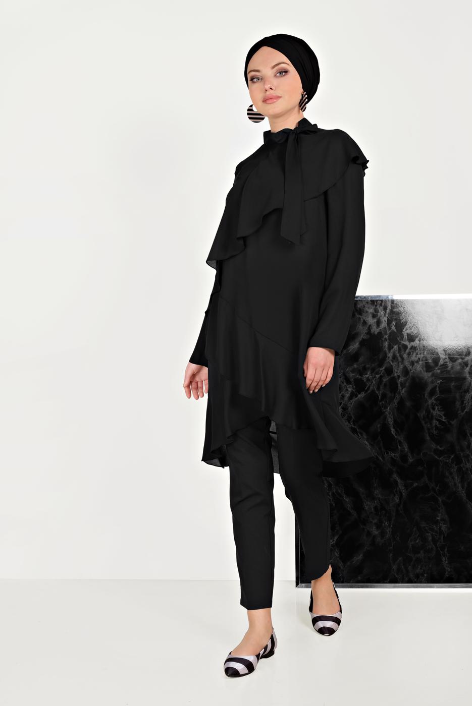 Tesettür giyim SİYAH ALVİNA BOYUNDAN BAĞLAMALI ASİMETRİK TUNİK 40447 