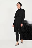 Tesettür giyim SİYAH ALVİNA BOYUNDAN BAĞLAMALI ASİMETRİK TUNİK 40447 