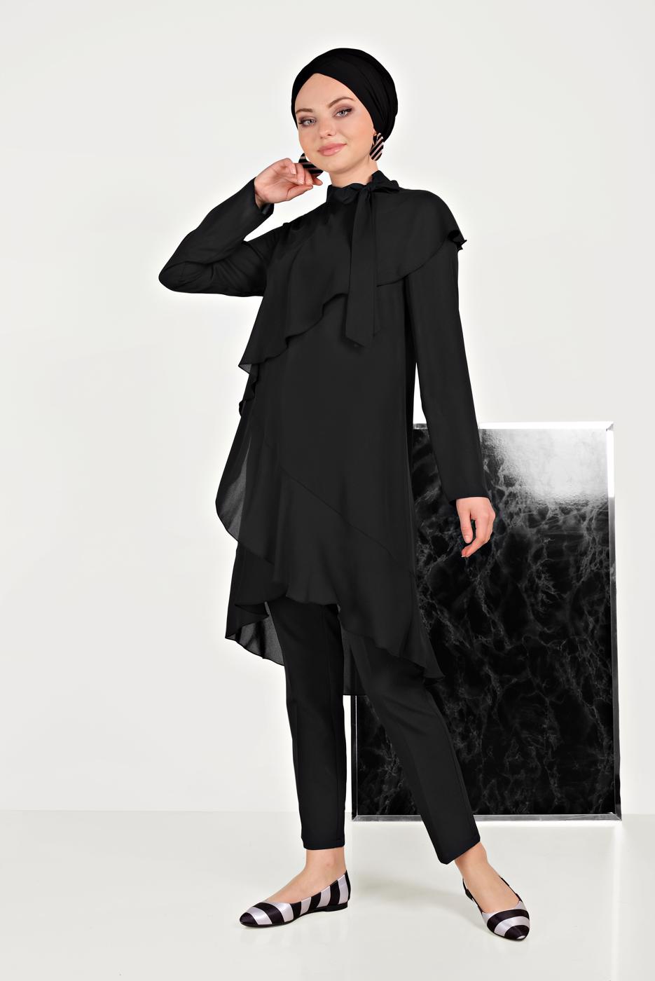 Tesettür giyim SİYAH ALVİNA BOYUNDAN BAĞLAMALI ASİMETRİK TUNİK 40447 