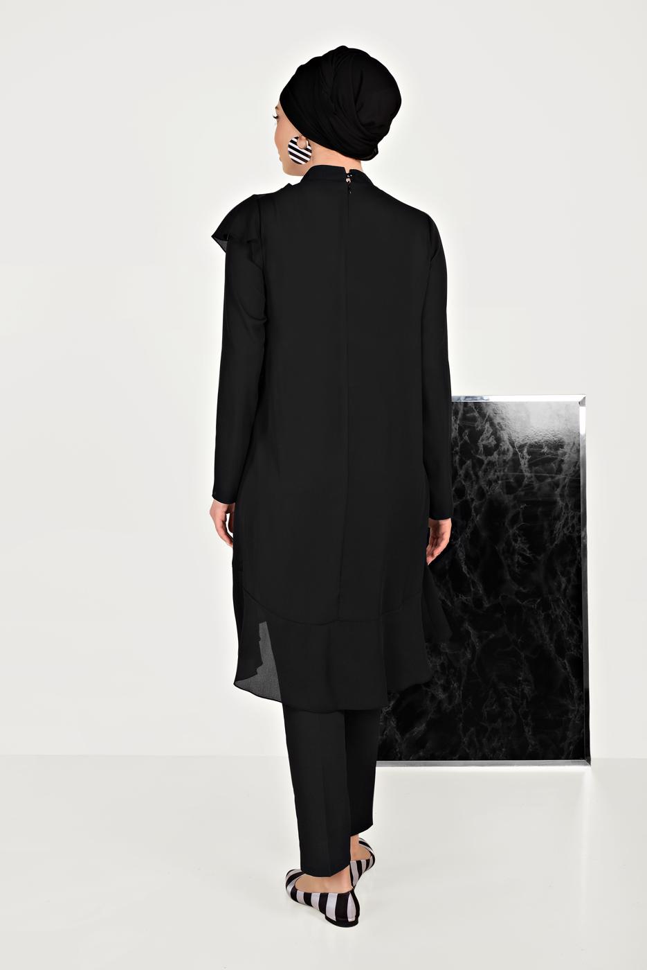 Tesettür giyim SİYAH ALVİNA BOYUNDAN BAĞLAMALI ASİMETRİK TUNİK 40447 